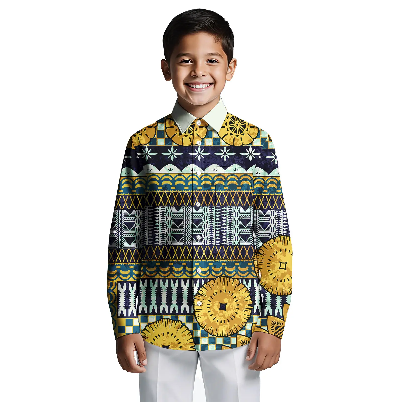Printed Kids Hawaiian Shirts for Sale at Factory Price Hawaiian Style Polyester Long Sleeve Kids Printed Shirts