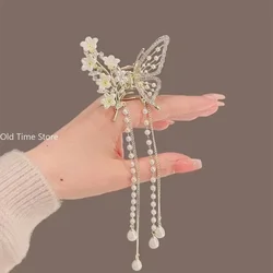 Butterfly Tassel Pearl Hair Claw Red Flower Festival Hairpin for Girls Ponytail Hair Clips Crab Women Fashion Accessories Gifts