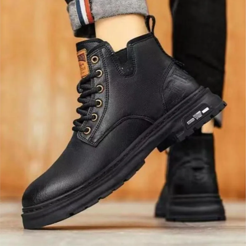 Jesienne i zimowe buty męskie plus polar nowa, do pracy buty Retro brytyjscy mężczyźni high top trend prawdziwe skórzane bawełniane buty M1164