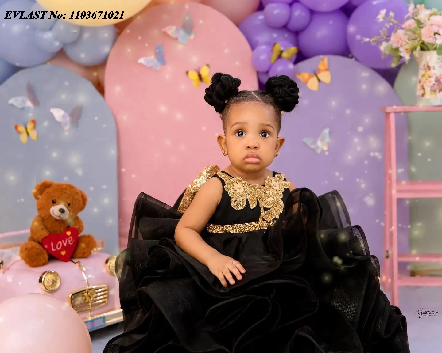 EVLAST Customized Black Girls Party Dress Gold Beading Sequins Flower Girl Dress Kids Little Baby Ball Gowns for Weddings FD39