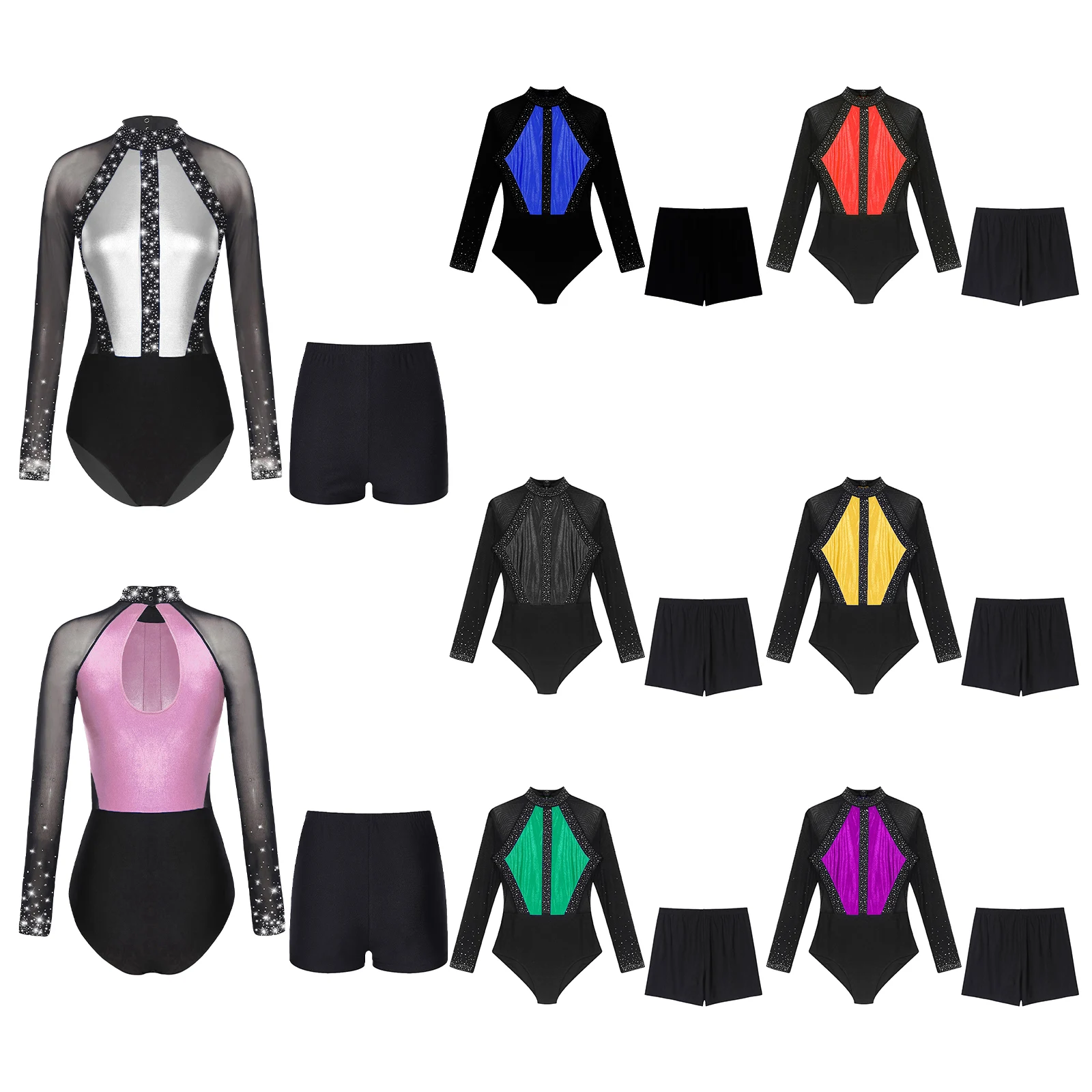 Women Ballet Dance Leotard Gymnastics Figure Skating Performance Costume Sheer Mesh Long Sleeve Bodysuit Dancewear with Shorts