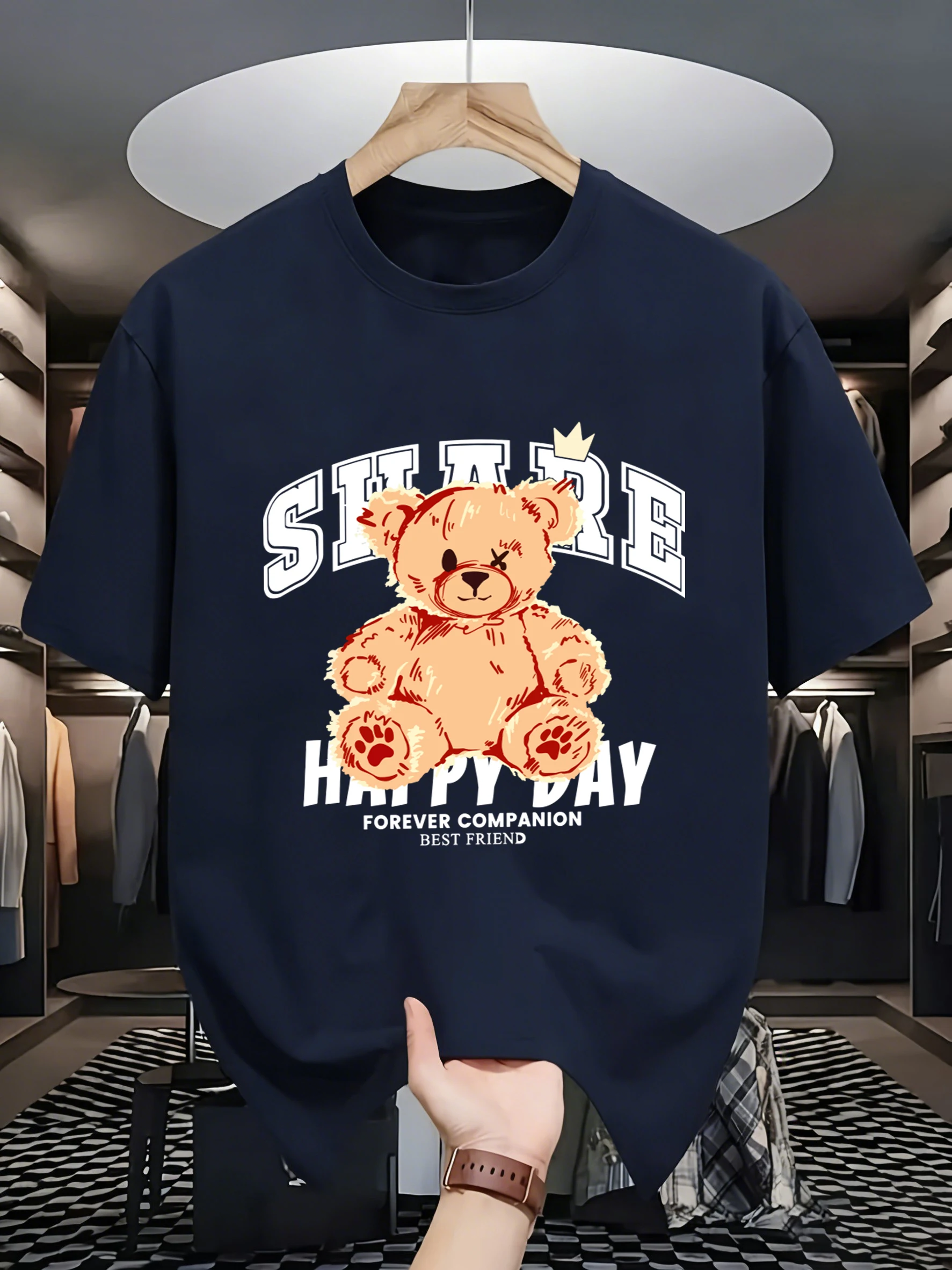 Share Happy Day Teddy Bear Printing Men T Shirts All-Match Cotton T-Shirt Casual Crewneck Loose Streetwear Man Summer Basics Top