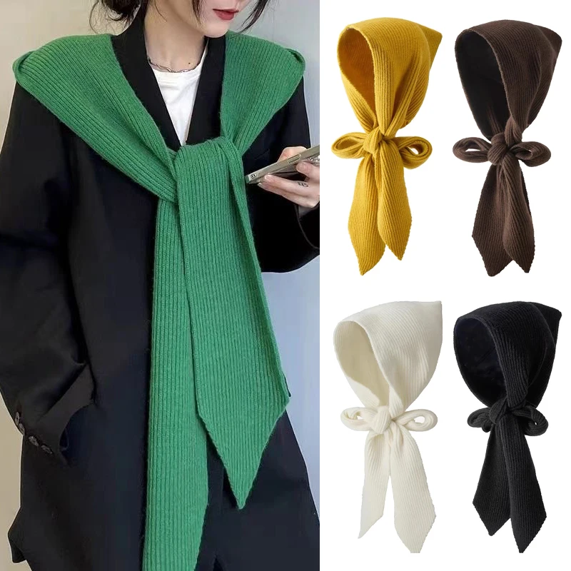 Autumn Winter Knitted Hat Scarf One-Piece for Women Korean Solid Color Casual Hooded Shawl Fake Collar Fashion Warm Woolen Cloak