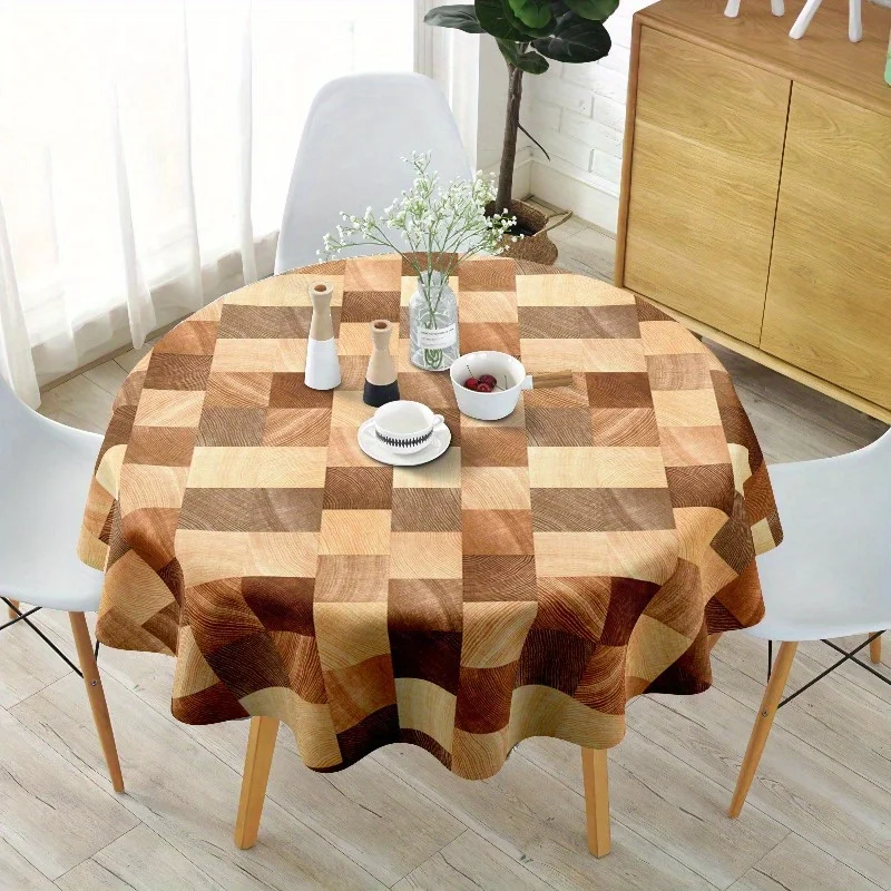 One Bohemian-style round tablecloth - with wood-grain pattern, made of durable polyester woven fabric.