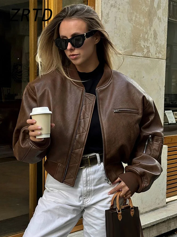 Vintage Zipper Leather Bomber Jackets Women Loose O-neck Long Sleeve Short Coats 2024 Autumn Lady Locomotive Style Outwear New