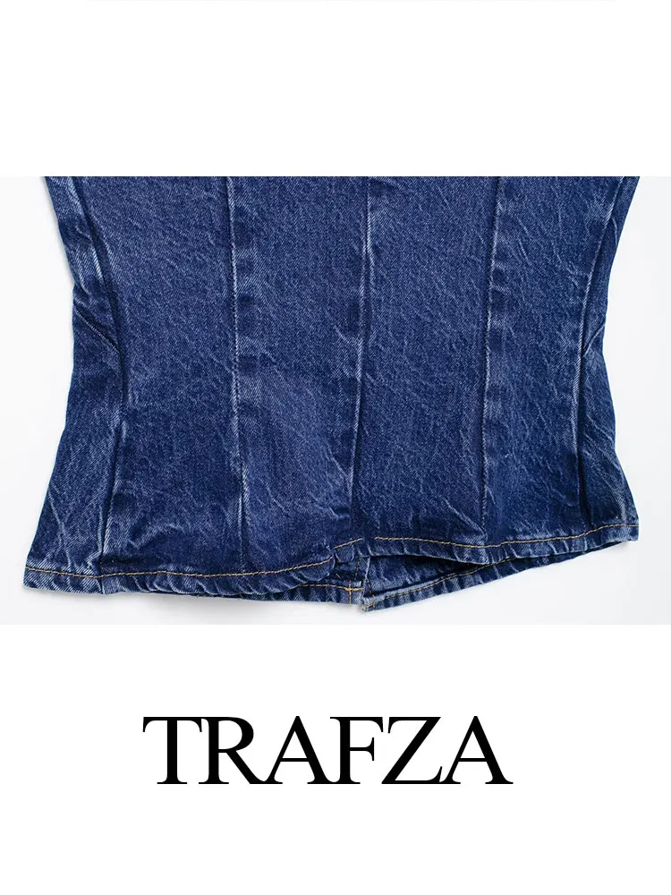 TRAFZA 2024 Summer Denim Trousers Suits For Women Sleeveless Cropped Vest Top + Chain Lace Up Women\'s Wide Leg Long Pant