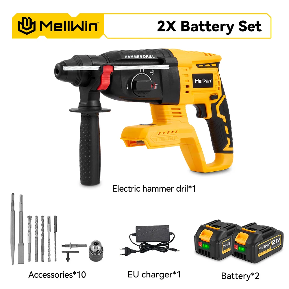 MELLWIN 1680W Borstelloze Elektrische Hamerboor 26MM Draadloze Roterende Slaghamer Houtbewerking Power Tool Voor 21V 18V batterij