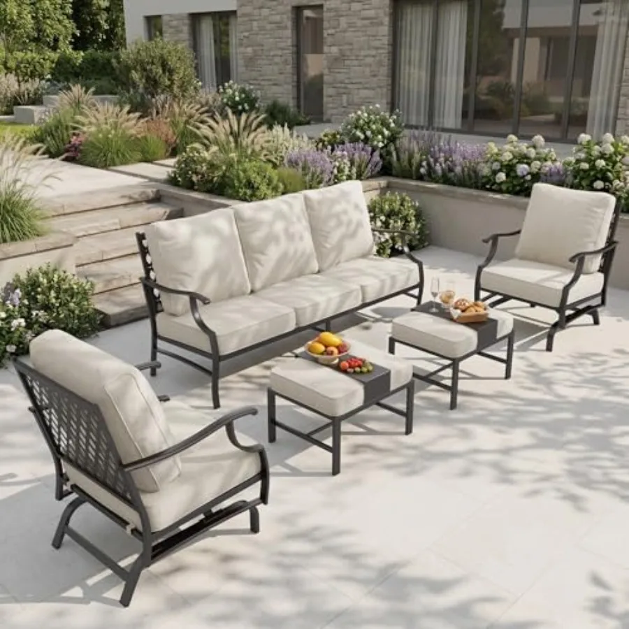 

Patio furniture set for lawn, garden, backyard: 5-piece outdoor conversation set with cushioned rocking chairs, ottomans, and 3