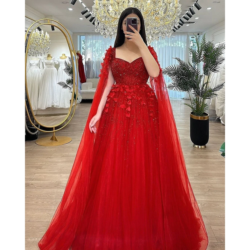 Custom Red V-Neck Tulle Sequin Evening Dress