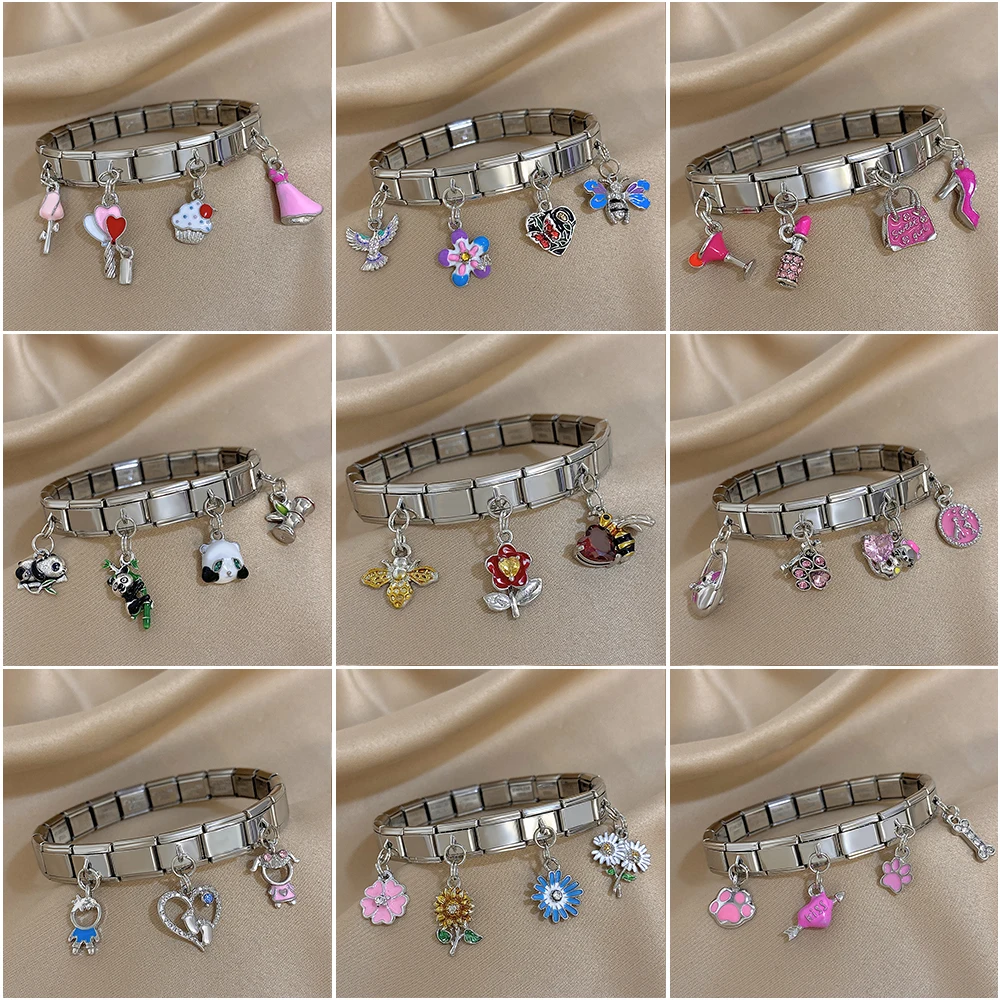 Pulsera de eslabones italianos de acero inoxidable a la moda, pulsera geométrica de amor, corazón, flores, correa de reloj elástica, brazaletes, regalos de joyería