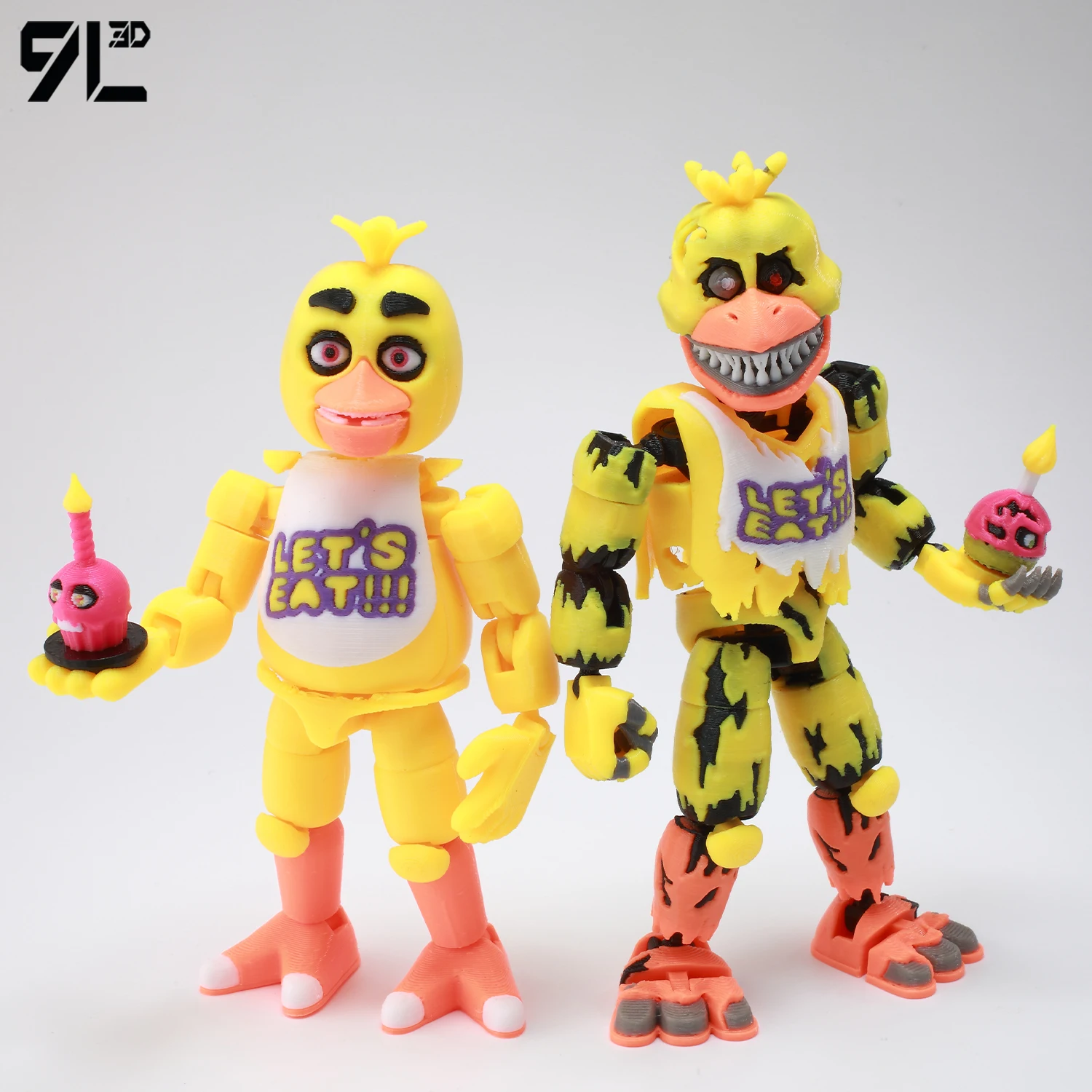 9L3D Figurine de mascotte de scène vintage jaune avec accessoire gâteau, poulet articulé style sombre, jouet de collection, cadeau, figurine13
