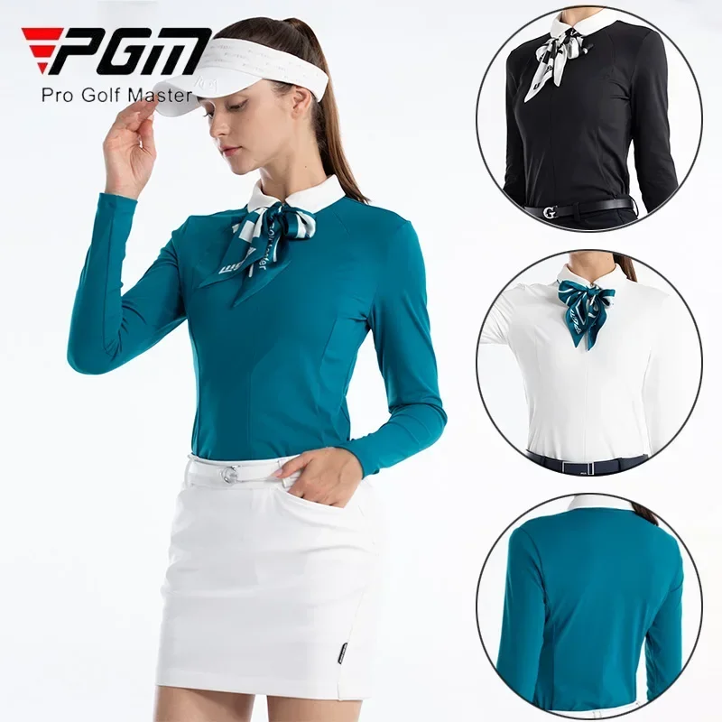 PGM Autumn Golf T-shirt Women Elastic Slim Golf Shirt with Silk Scarf Ladies Zipper Collar Soft Tops Long Sleeve Casual Wear