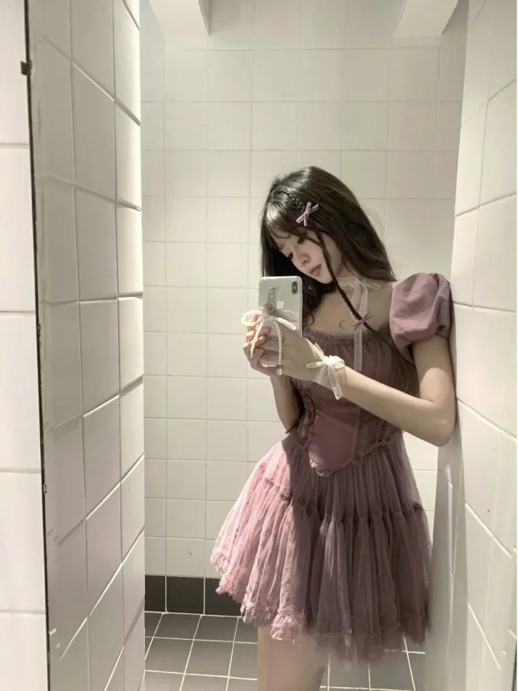 Korejepo Ballet Style Temperament Dresses Purple Bubble Sleeve Dress Women 2025 New Retro Waistband Mesh Puffy Short Vestido