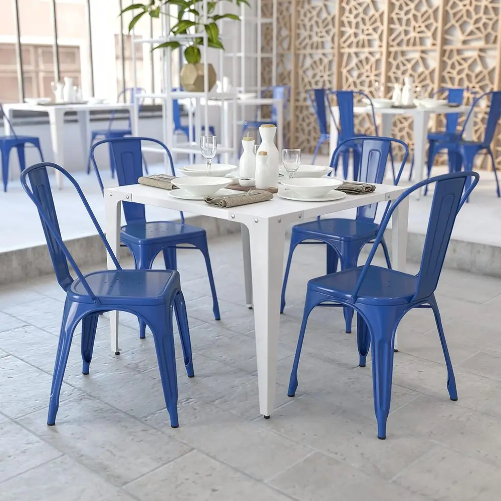 

4-Pack Blue Stackable Metal Chairs for Indoor & Outdoor Use - Commercial Grade