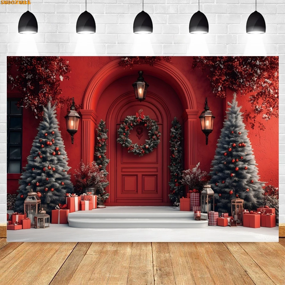 

Christmas Red Green Retro Wall Door Backdrop for Photography Xmas Tree Gifts Indoor Baby Kids Family Christmas Party Background