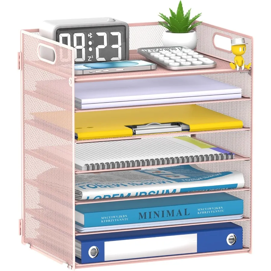 منظم ورق من 7 طبقات بتصميم شبكي ومقابض لتخزين سطح المكتب بكفاءة في إعدادات المكتب والمدرسة - أسود وردي - #2