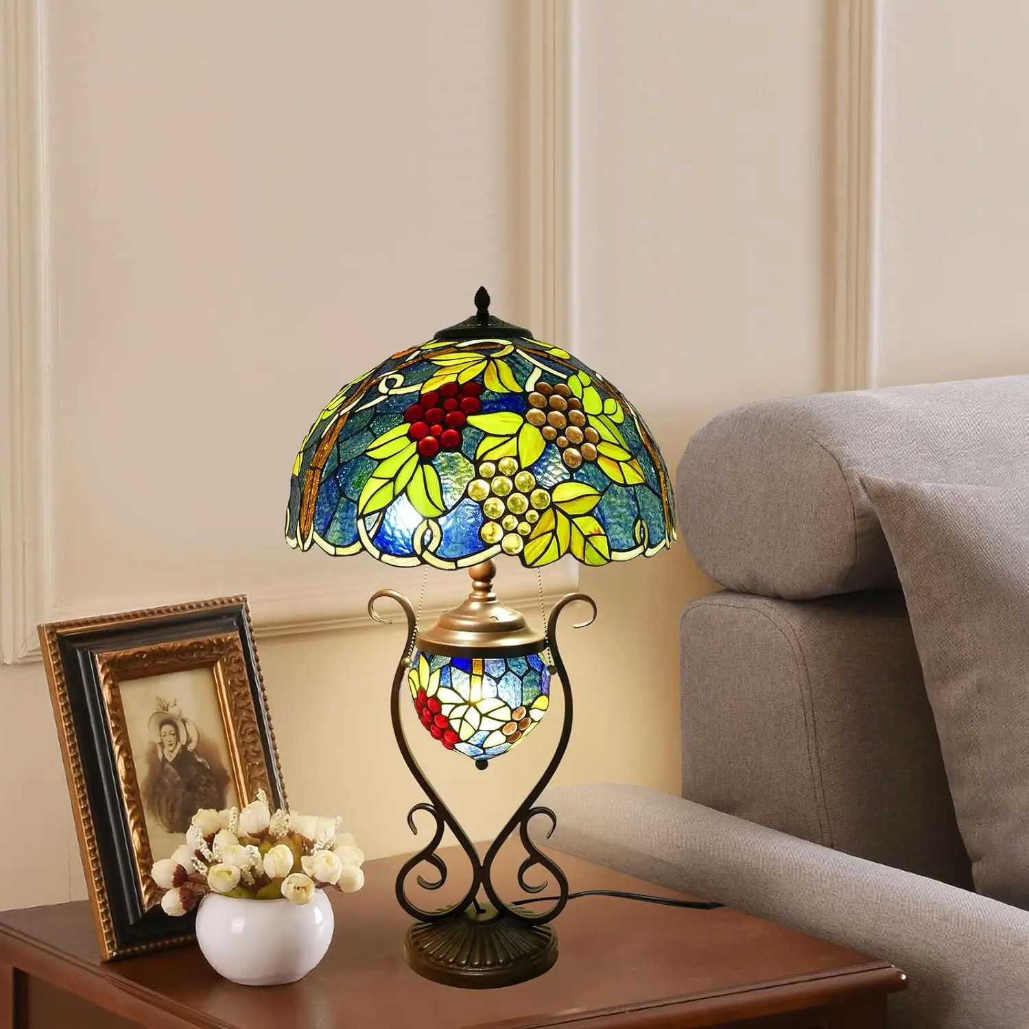 Tiffany Lamp Stained Glass Blue Grape Style Large Table Lamp Desk Light with Metal Base for Bedroom Living Room Home Office