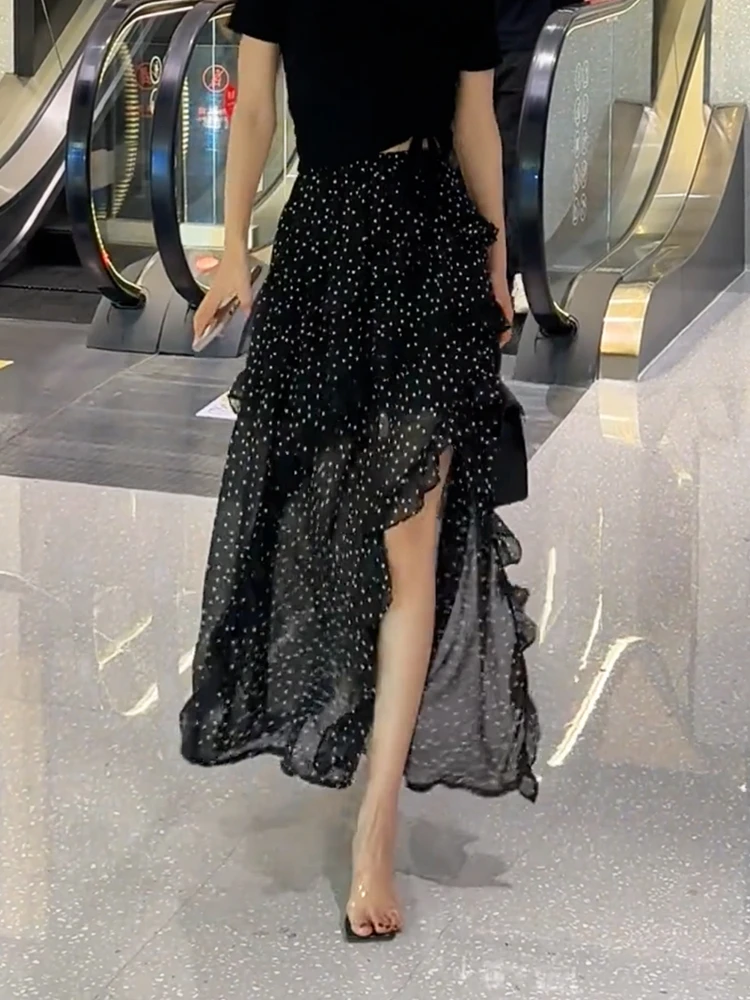 Black Polka Dot Halter Neck  Dress Fashionable Gored Skirt Design Gentle Wind Asymmetrical Slimming Skirts for Women