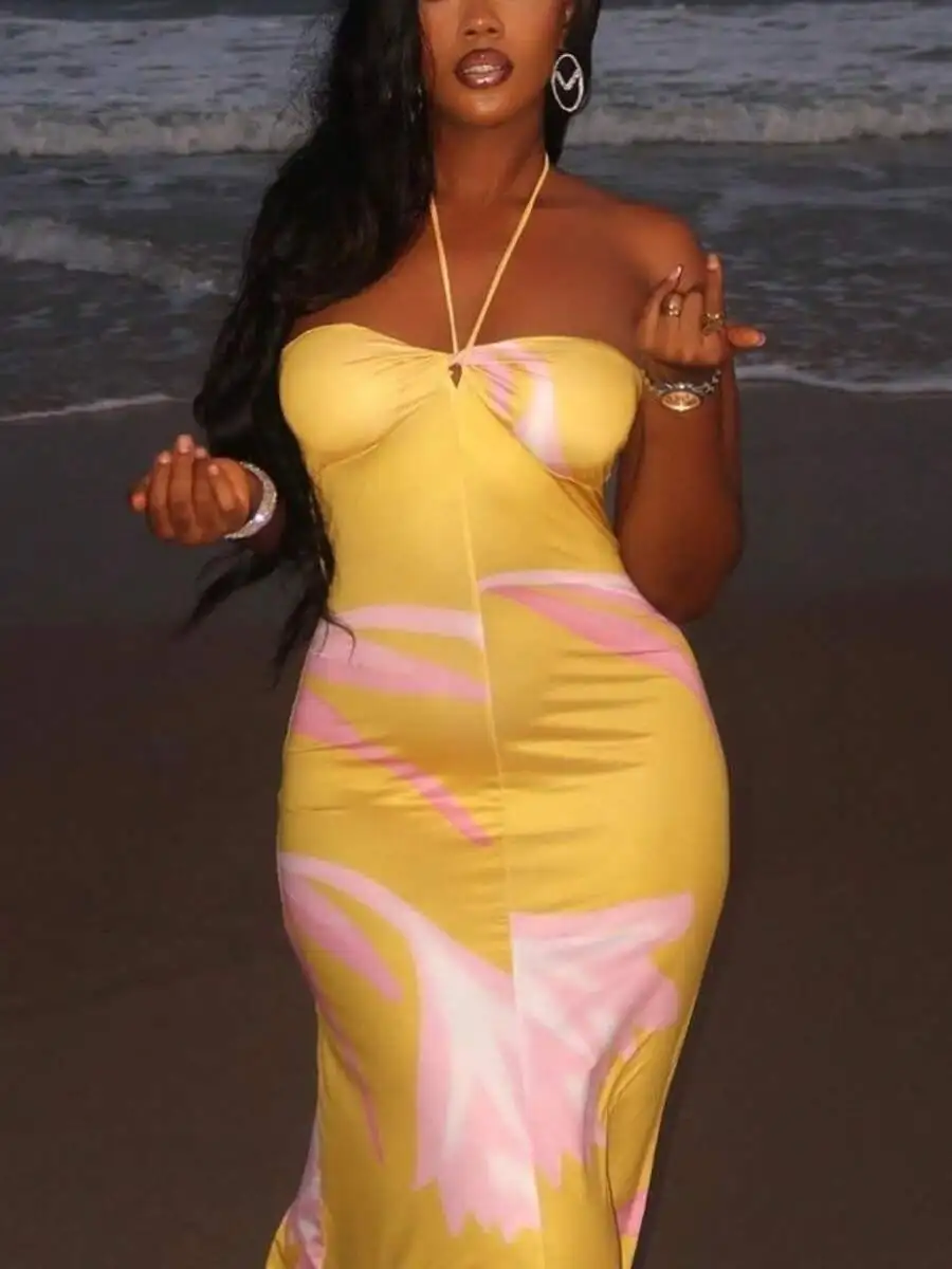 

Yellow Pink Floral Halter Neck Maxi Dress Beach Party Evening Gown For Women