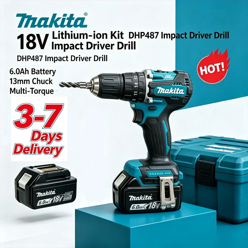 Juego profesional de taladro percutor inalámbrico Makita DHP487, con motor sin escobillas, 2 velocidades, caja de cambios, luz de trabajo