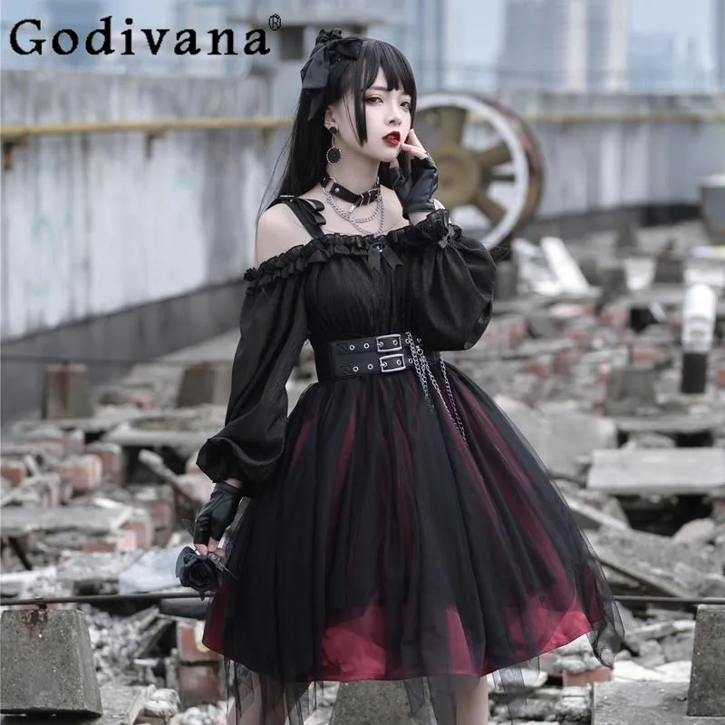 

Original Design Girl Irregular Dress Women's Dark Gothic Lolita Style Dress Female Japanese Style Long Sleeve Summer Dress