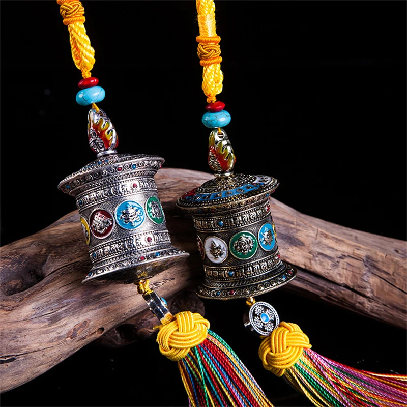 Tibetan Style Auspicious Car Pendant Alloy Prayer Wheel Colored Tassel Car Rearview Mirror Pendant Auto Interior Accessories