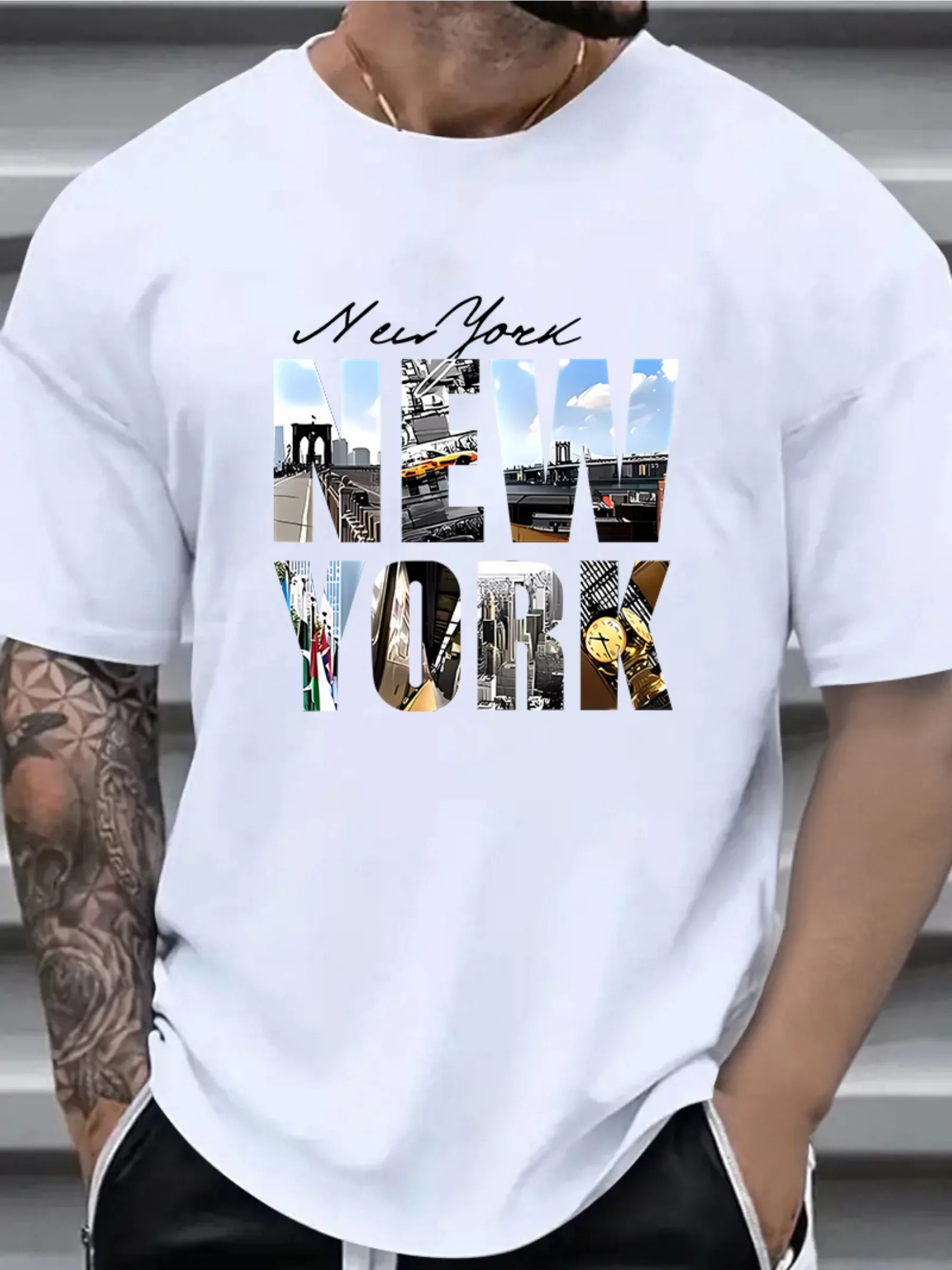 

100% Cotton New York Graphic Tee for Men Casual & Comfortable Round Neck T-Shirt with Iconic NYC Skyline Print Machine Washable