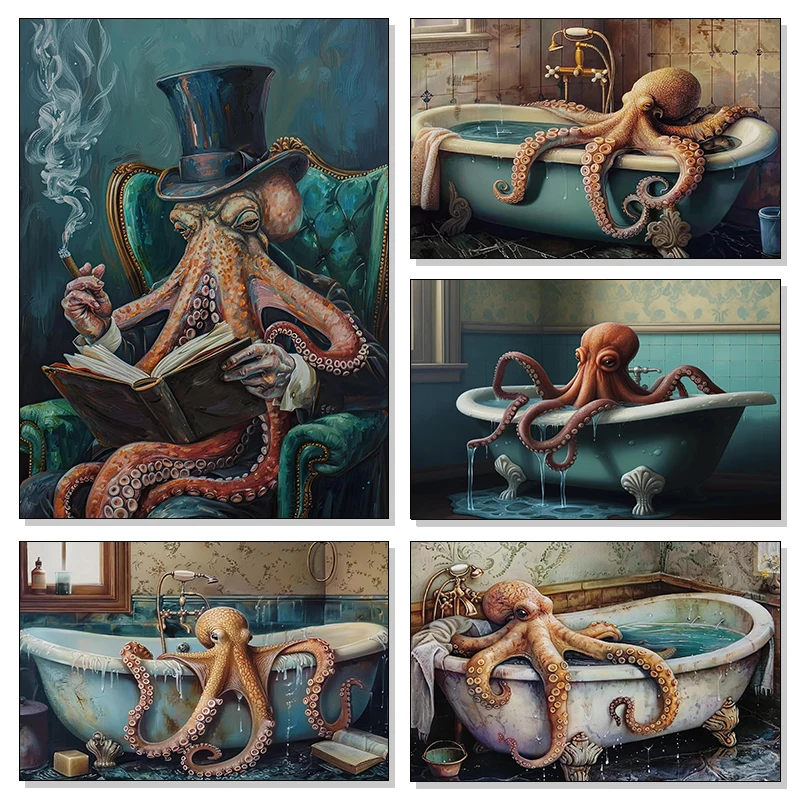 1pc frameless Canvas Painting Funny Surreal Octopus In The Bathtub Posters Reading Book Smoking Cigar Prints Canvas Painting Wal