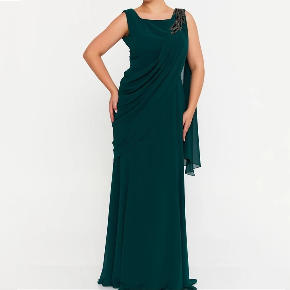 

Customized A-line Evening Dresses Floor-length Square Collar Sleeveless Prom Gown Fsahion Sequined Stole Backless Party Gown