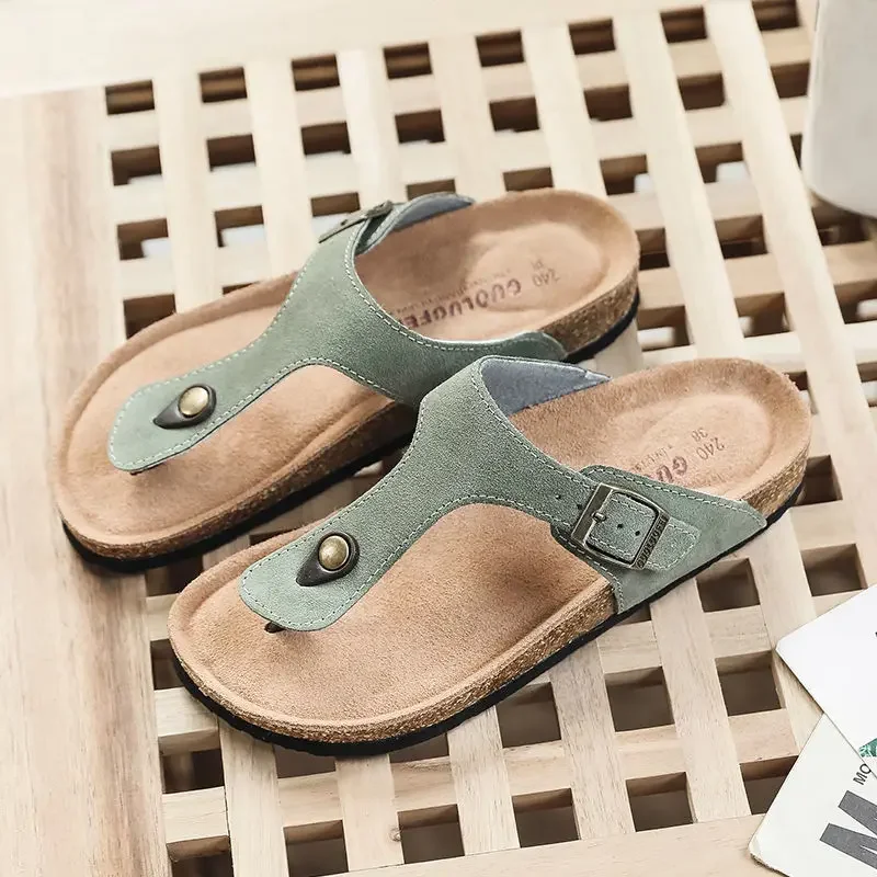 Coslony cork sandals men leather 2023 New Summer Women Beach Shoe Casual Cork Slippers Men Fashion Outdoor buckle slides for men