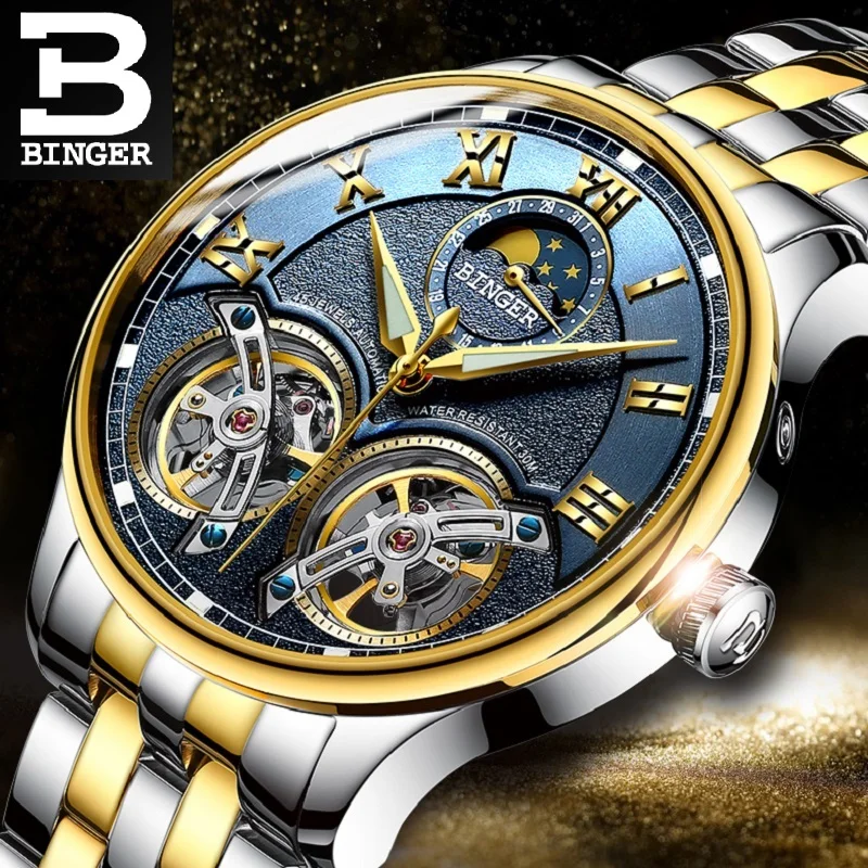 Binger For Mens Watch Double Skeleton Flywheel Automatic Wristwatch Male Mechanical Date Phase Coated Relogio Masculino Zegarek