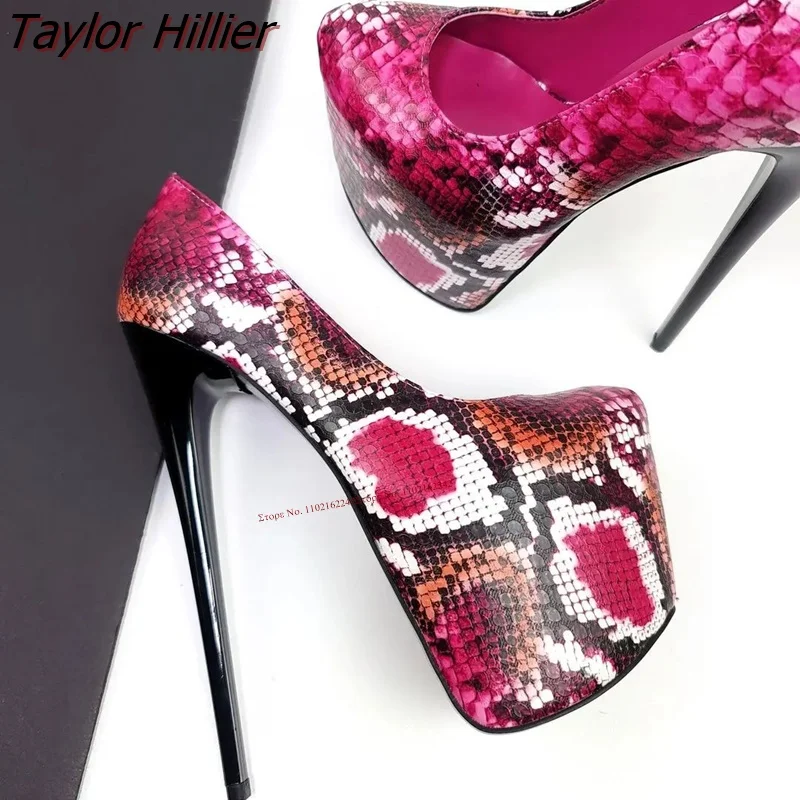 Pink Snake Pattern Super High-Heeled Water Platform Pumps Round Head Mixed Color Pumps Fashion Stage Nightclub Women'S Shoes