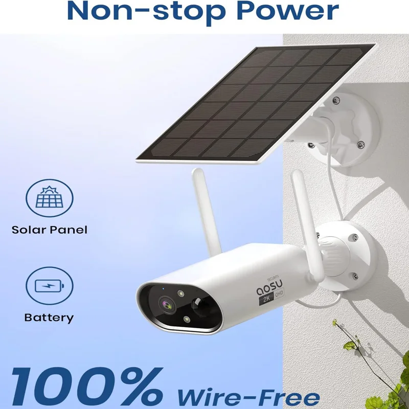 AOSU 100% Wire-free 3MP Wifi Solar Camera Outdoor Built-in Battery Security Camera Color Night Vision 2-Way Audio CCTV Cam