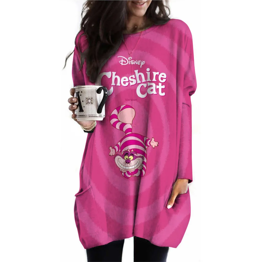 Women's Spring and Autumn Disney Cheshire Cat Printed Loose Casual Round Neck Long Sleeve Plus Pocket Dress