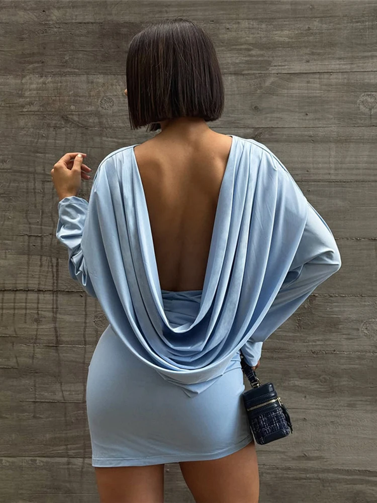Nibber dobras sem costas vestido feminino manga cheia elasticidade magro sólido simples clássico elegante festa de formatura moda mini bodycon