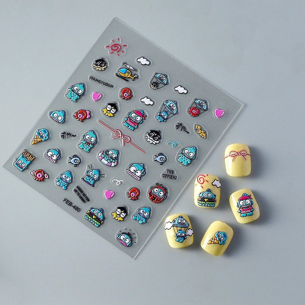 Новые 5D рельефные наклейки для ногтей Sanrio Mermaid Hanton, аниме-стикеры, милые наклейки в виде осьминога, морского конька, крокодила для ногтей, принадлежности для ногтей