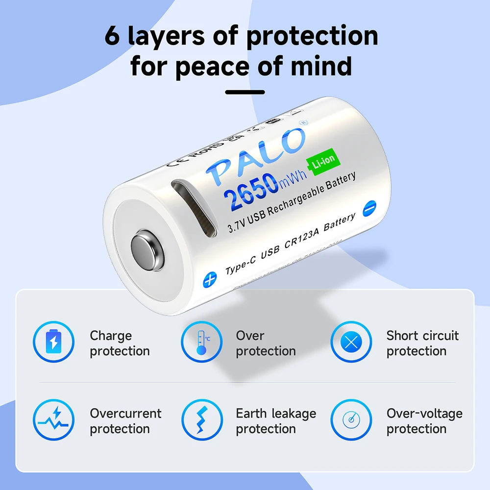 LED懐中電灯用Palo充電式バッテリー、USBリチウム電池、Type-Cケーブル、2650mwh、rcr123a、16340、3.7v、2〜6個