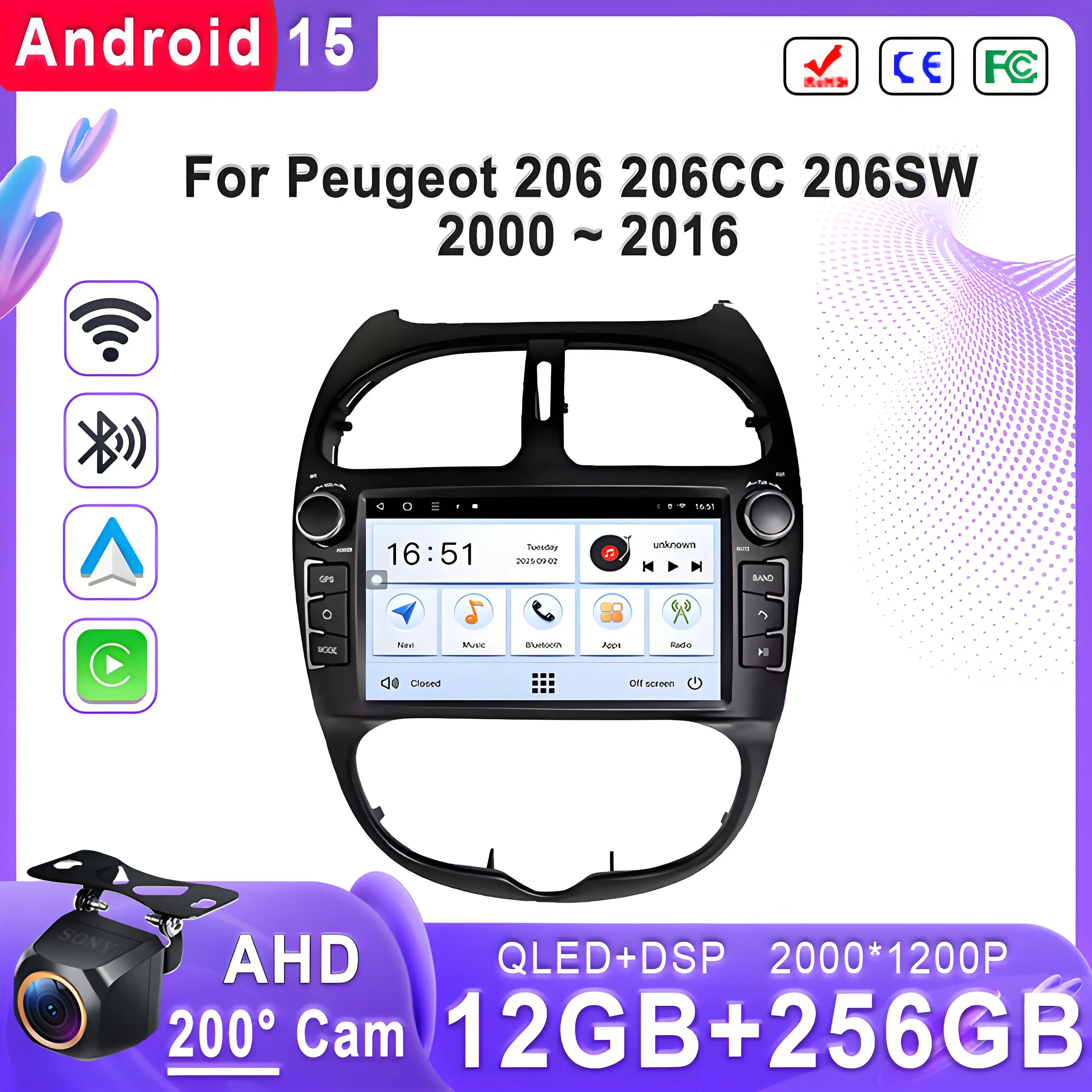 Android 15 2K Incell Screen Car Radio DVD For Peugeot 206 206CC 206SW Radio 2000 ~ 2016 Carplay Auto Stereo Head Unit Player Car