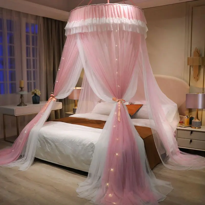 

Princess Style Encrypted Double Layer Folding Bed Curtain Household Mosquito Net No Installation Ceiling Type Round Bed Curtain