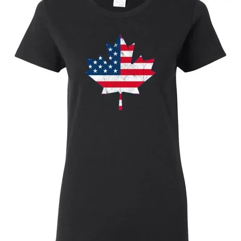 Funny USA Canadian Flag Parody Iconic Canada Maple Leaf Womens T Shirt