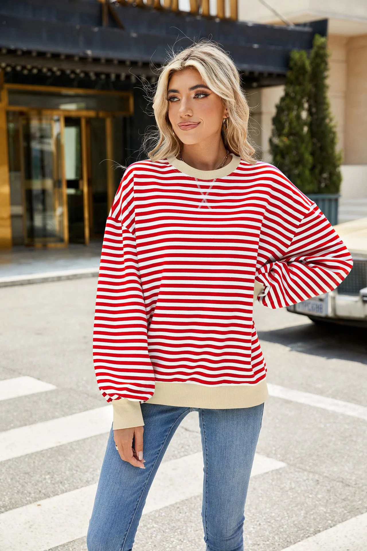 

2024 Women's Sweatshirt New Striped Pullover Top O-neck Color Collision Loose Long-sleeved Sweater Jacket Casual Girl's Clothing