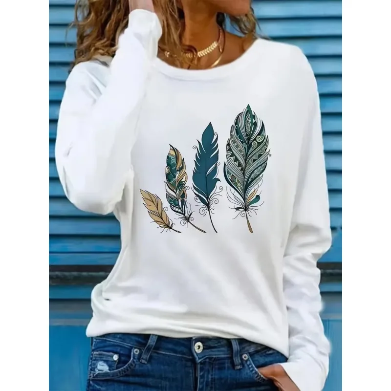 

Peacock Feather Leaf Art Pattern 3D Printed O-neck Long Sleeve Breathable Quick Drying Loose Comfortable Casual Fashion T-shirt
