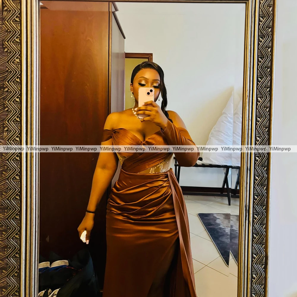 

Customized Off Shoulder Prom Dress For Black Girls Lace Mermaid robes de soirée Satin Strapless Elegant Vestidos De Noche