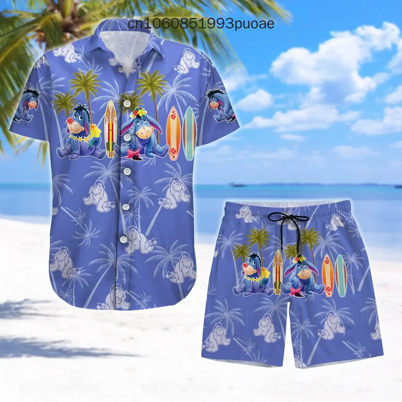 2024 Disney Eeyore Hawaii baju pendek Set Disney pria lengan pendek Set Eeyore liburan pantai kemeja celana pendek Hawaii kemeja