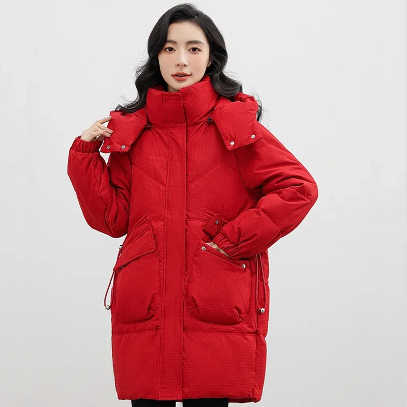 Parkas de comprimento médio à prova de vento feminino, jaqueta puffer quente, casaco grosso, jaqueta de inverno com capuz, roupas femininas