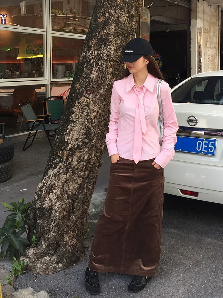 

High nce Collar Long Sve Pure Cotton irt Cardigan Tie Pink Autumn New Arrival Women's Casual Sle Breathable