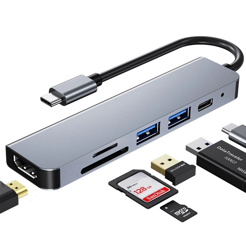 محول محور USB من النوع C 6 في 1 مع 4K 30 هرتز - قارئ بطاقات متعدد المنافذ متوافق مع USB3.0 TF PD محول فيديو متعدد المنافذ