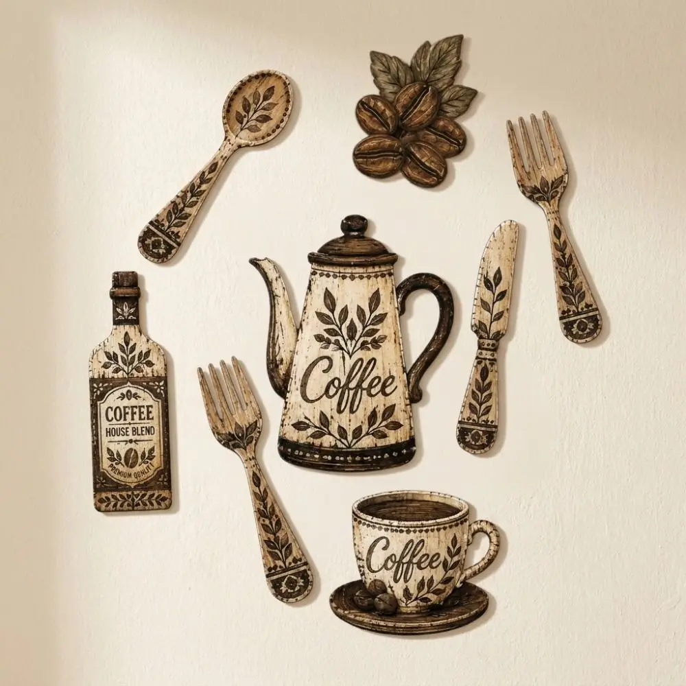 7Pcs Vintage Coffee Utensil Wooden Ornament Rustic Distressed Coffee Cup Pot Coffee Bean Floral Coffee Element Wall Plaques