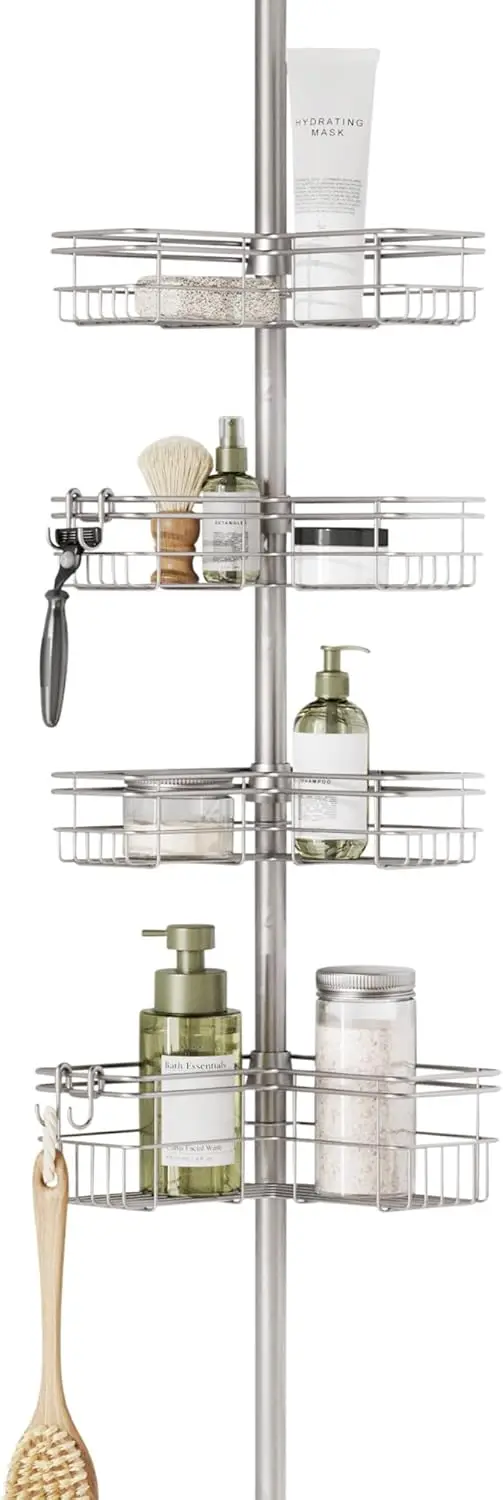 Tension Pole Shower Caddy with 4 L-Shaped Shelves with Hooks, Satin Nickel, 60-97 Inch – Rust-Resistant Corner Shower Organizer