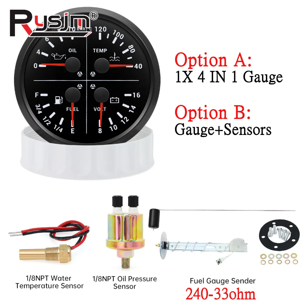 

Многофункциональный манометр 4-в-1 (110 мм): уровень топлива, давление масла, температура воды, вольтметр с датчиками (0-10 бар, 1/8 NPT, 240-33 Ом)